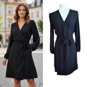 Old Navy Wrap Dress Women's Sz S Black Long Puff Sleeve Tie at Waist Knee length